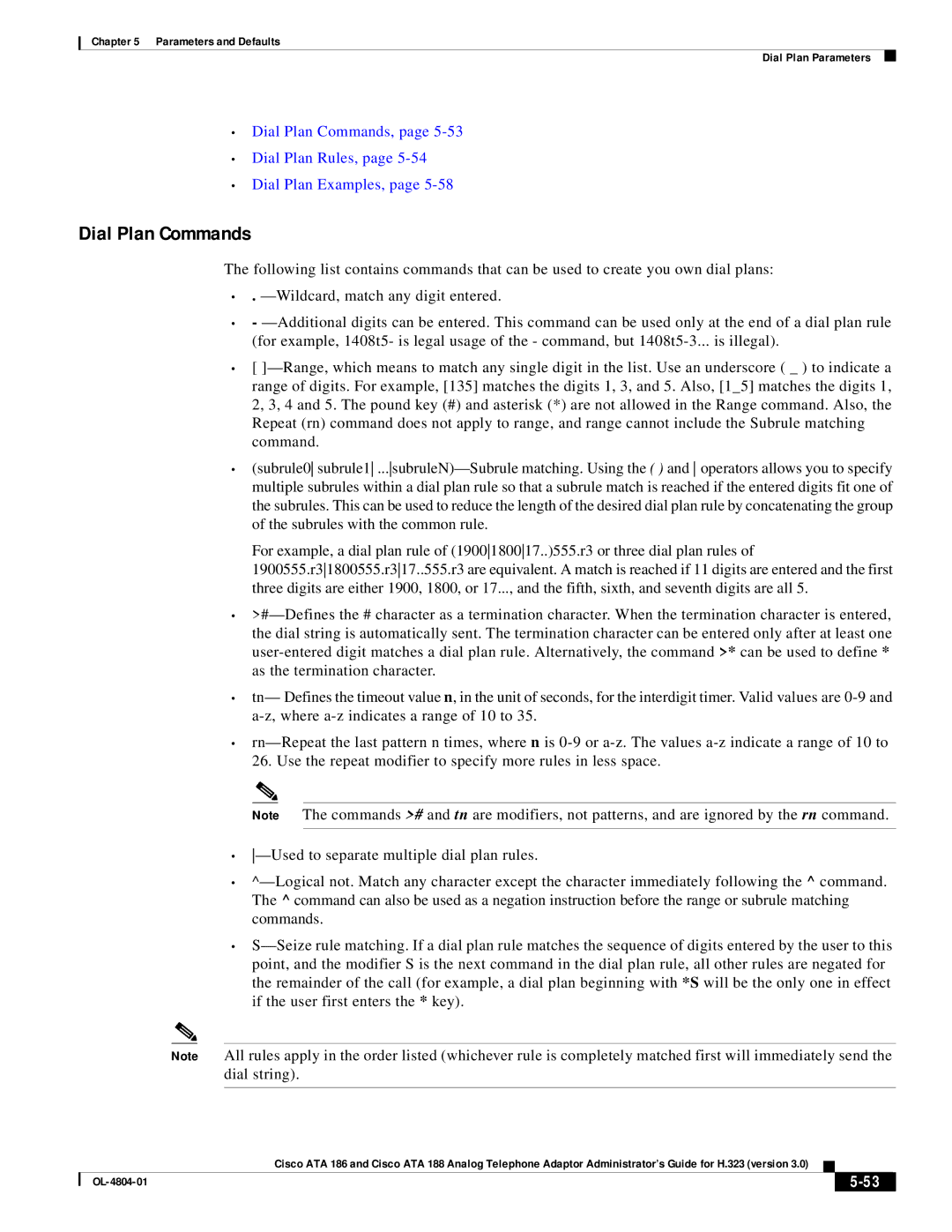 Cisco Systems ATA 188, ATA 186 manual Dial Plan Commands, Dial Plan Rules, Dial Plan Examples 