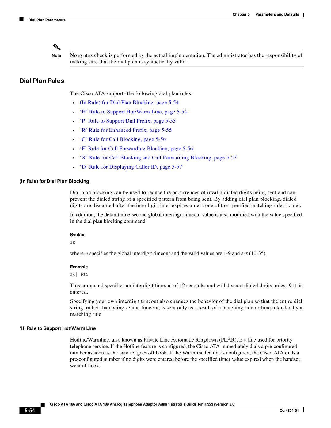 Cisco Systems ATA 186, ATA 188 manual Dial Plan Rules, Cisco ATA supports the following dial plan rules, Syntax, Example 