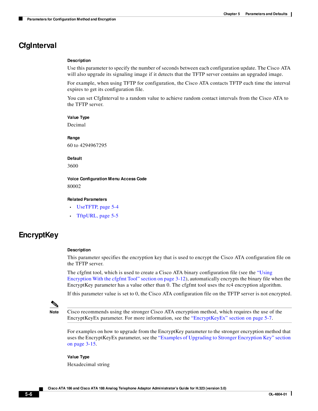 Cisco Systems ATA 186, ATA 188 manual CfgInterval, EncryptKey, Default, UseTFTP, TftpURL 