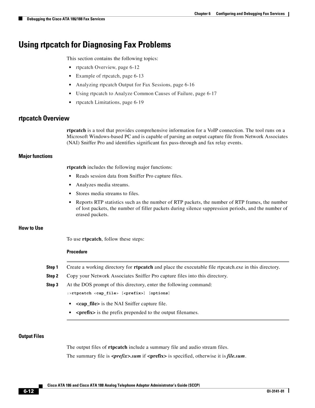 Cisco Systems ATA 186, ATA 188 Using rtpcatch for Diagnosing Fax Problems, Rtpcatch Overview, Major functions, How to Use 