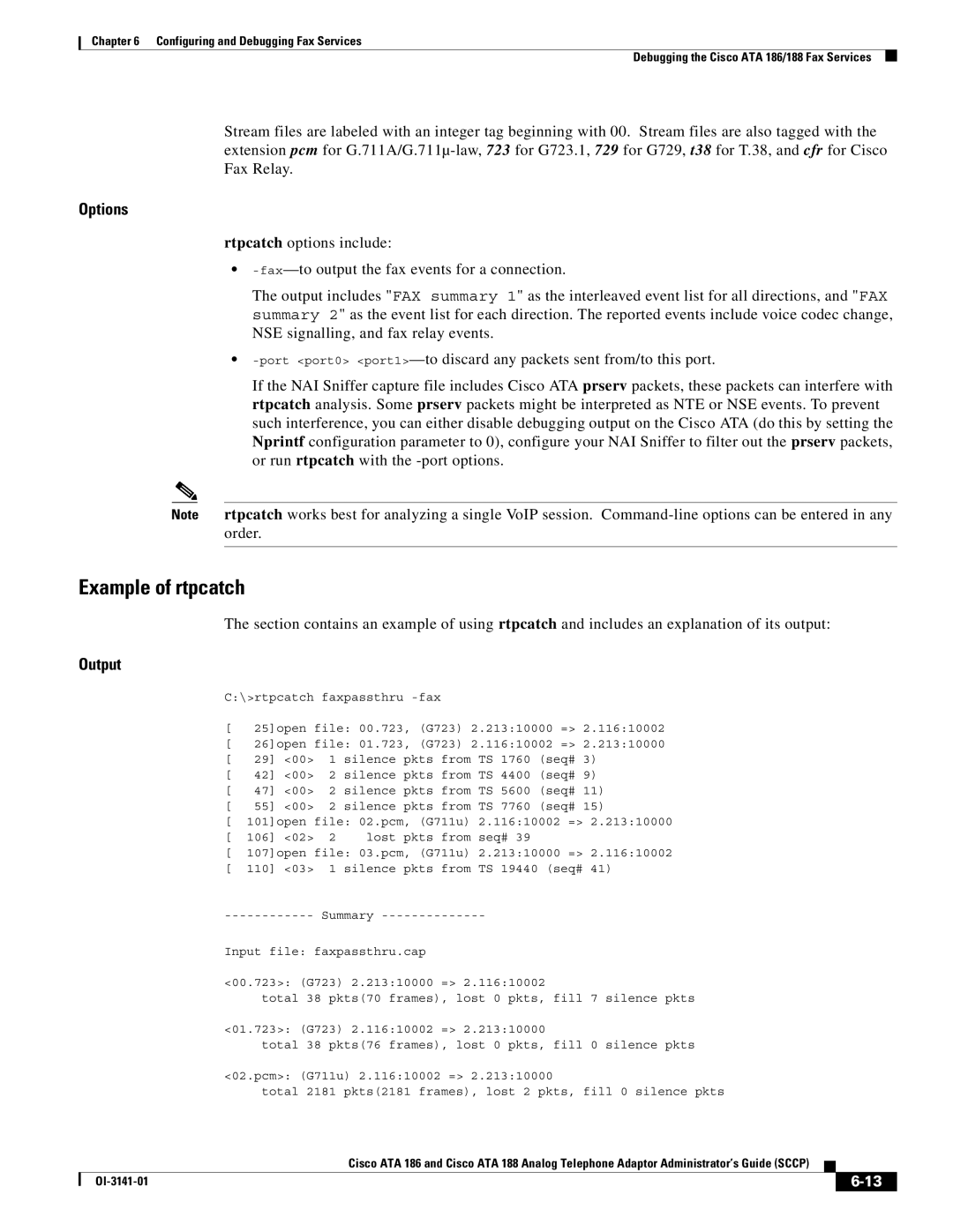 Cisco Systems ATA 188, ATA 186 manual Example of rtpcatch, Options, Output 