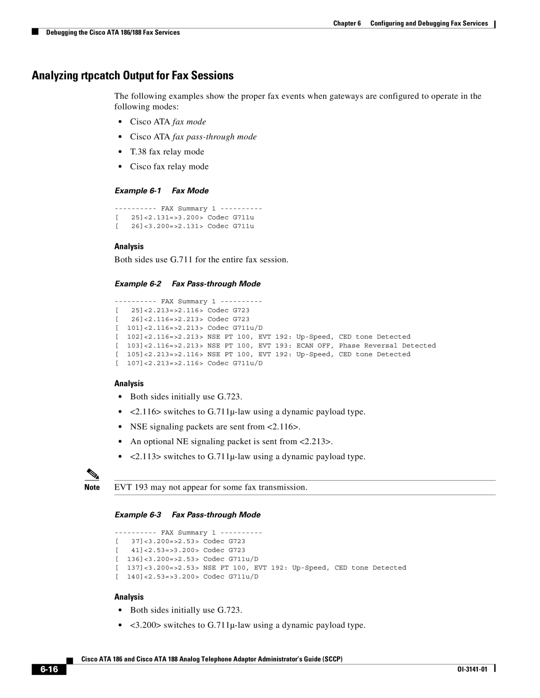 Cisco Systems ATA 186, ATA 188 Analyzing rtpcatch Output for Fax Sessions, Fax relay mode Cisco fax relay mode, Analysis 