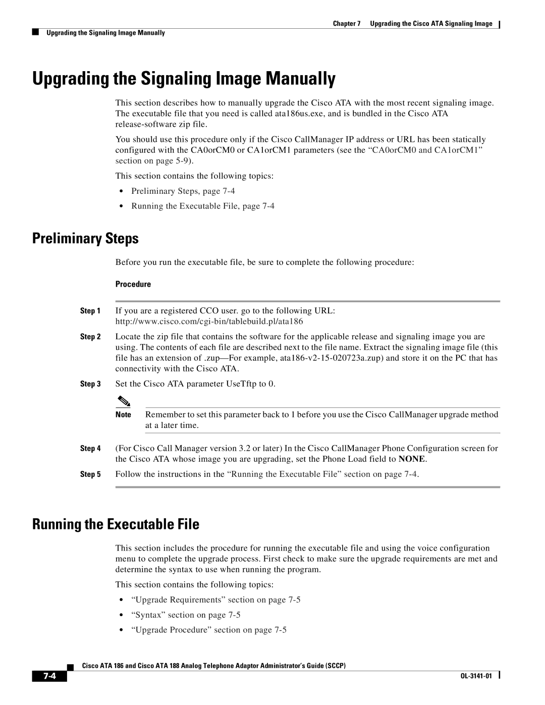 Cisco Systems ATA 186, ATA 188 manual Upgrading the Signaling Image Manually, Preliminary Steps, Running the Executable File 