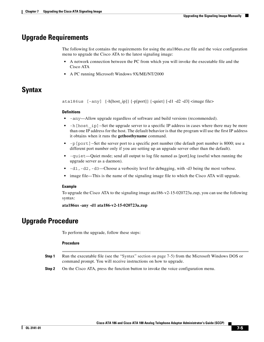 Cisco Systems ATA 188, ATA 186 manual Upgrade Requirements, Syntax, Upgrade Procedure, Definitions 