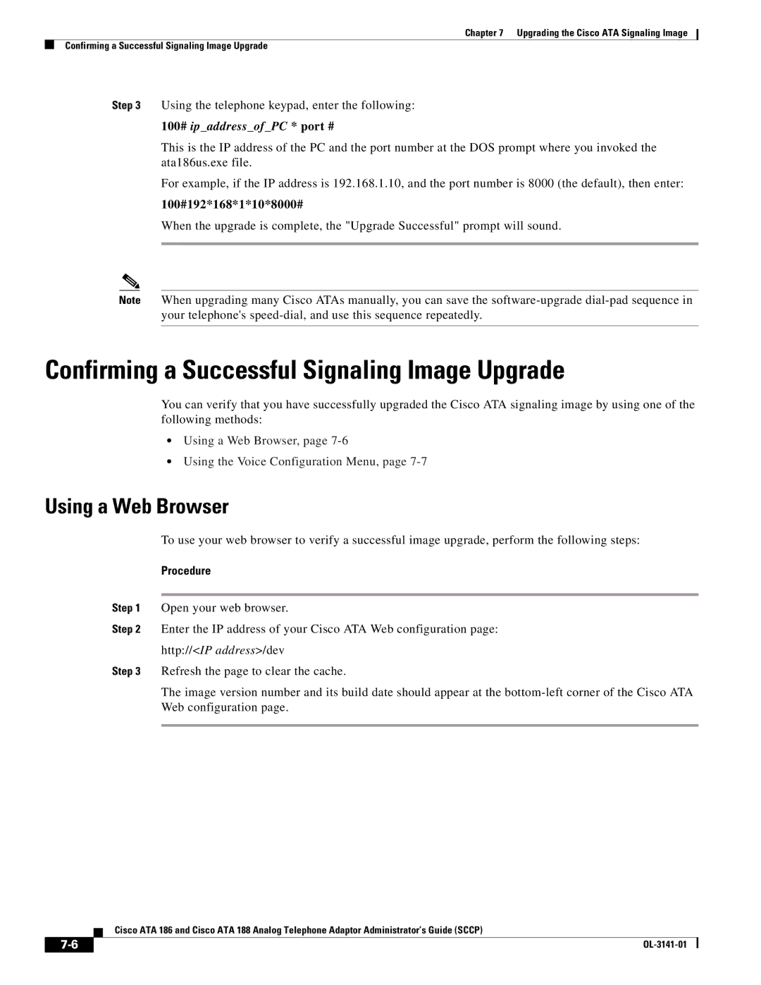 Cisco Systems ATA 186, ATA 188 manual Confirming a Successful Signaling Image Upgrade, Using a Web Browser 