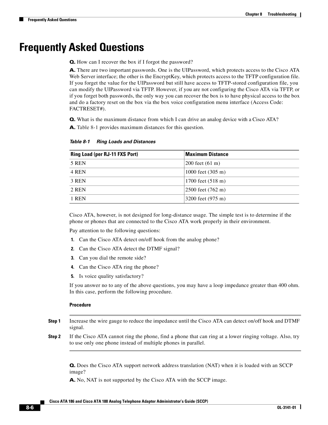 Cisco Systems ATA 186, ATA 188 manual Frequently Asked Questions, Ring Load per RJ-11 FXS Port Maximum Distance 