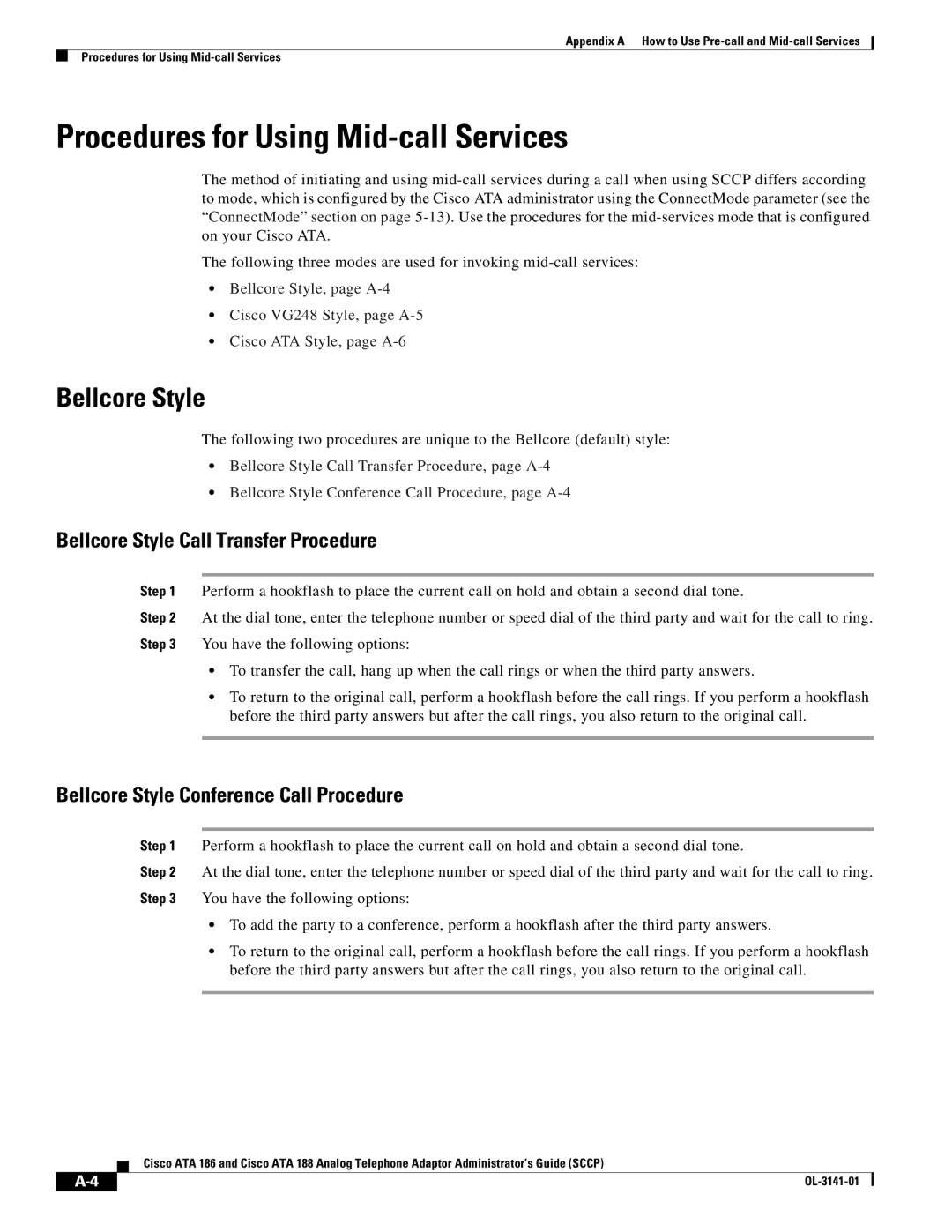 Cisco Systems ATA 186, ATA 188 manual Procedures for Using Mid-call Services, Bellcore Style Call Transfer Procedure 