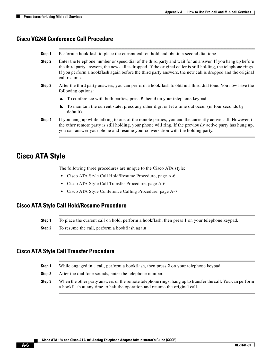 Cisco Systems ATA 186, ATA 188 manual Cisco VG248 Conference Call Procedure, Cisco ATA Style Call Hold/Resume Procedure 