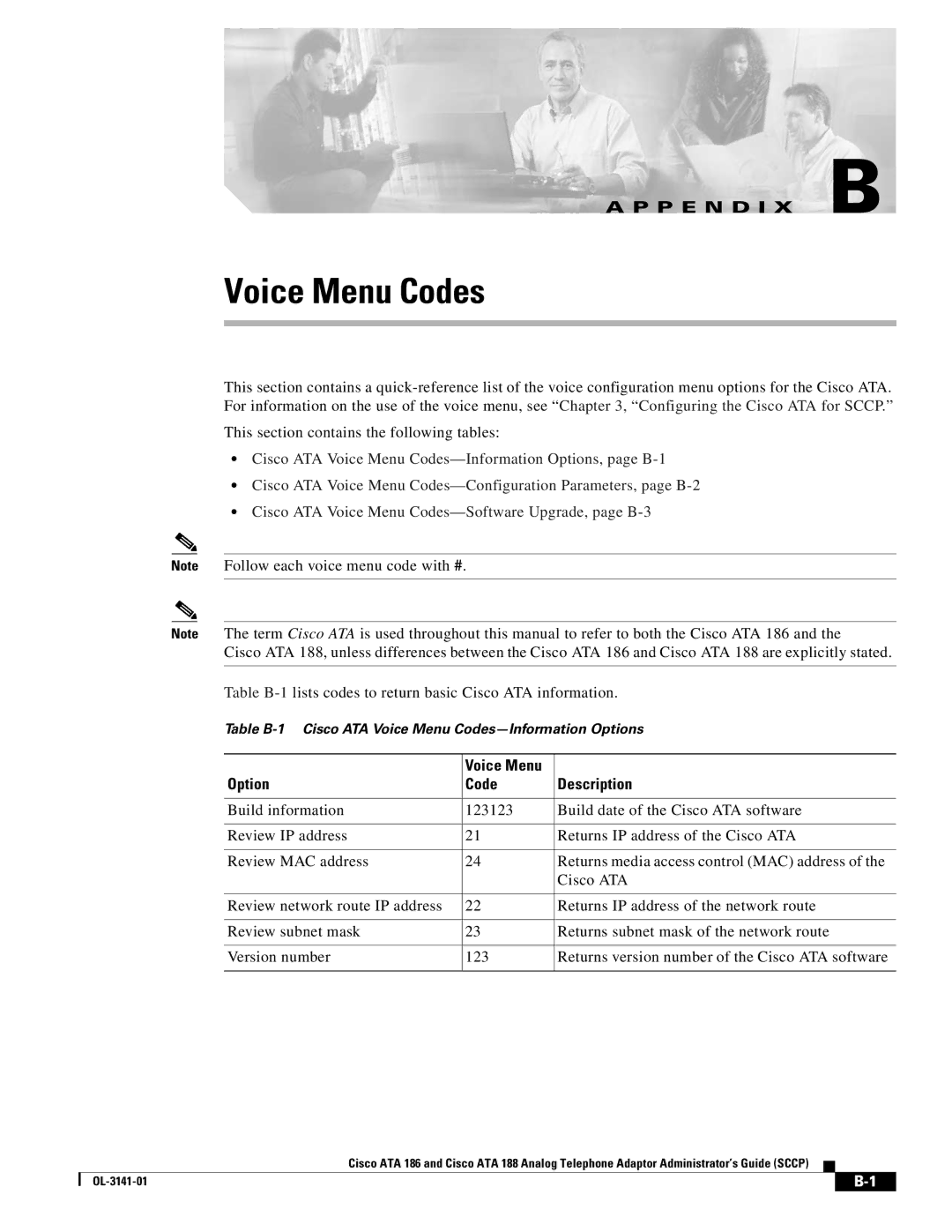 Cisco Systems ATA 188, ATA 186 manual Voice Menu Codes, Table B-1lists codes to return basic Cisco ATA information 