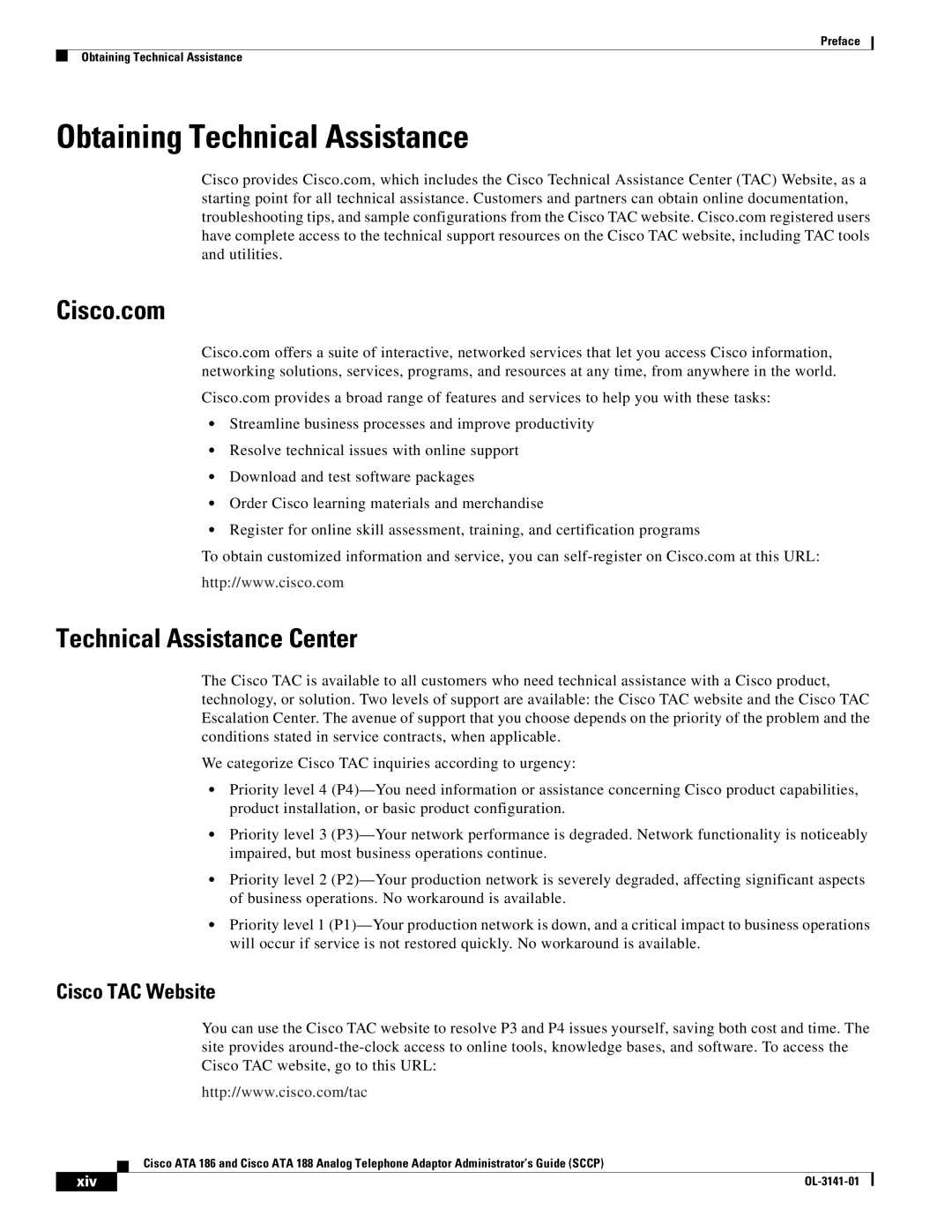 Cisco Systems ATA 186, ATA 188 manual Obtaining Technical Assistance, Technical Assistance Center, Cisco TAC Website, Xiv 