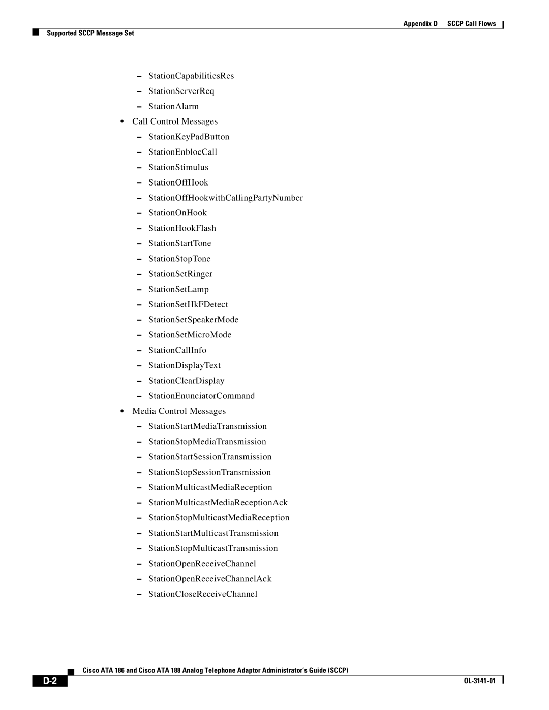 Cisco Systems ATA 186, ATA 188 manual Appendix D Sccp Call Flows Supported Sccp Message Set 