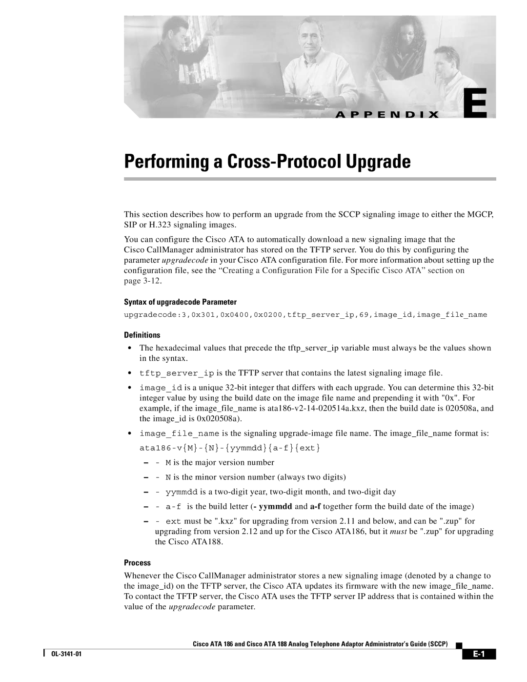 Cisco Systems ATA 188, ATA 186 manual Performing a Cross-Protocol Upgrade, Syntax of upgradecode Parameter, Process 