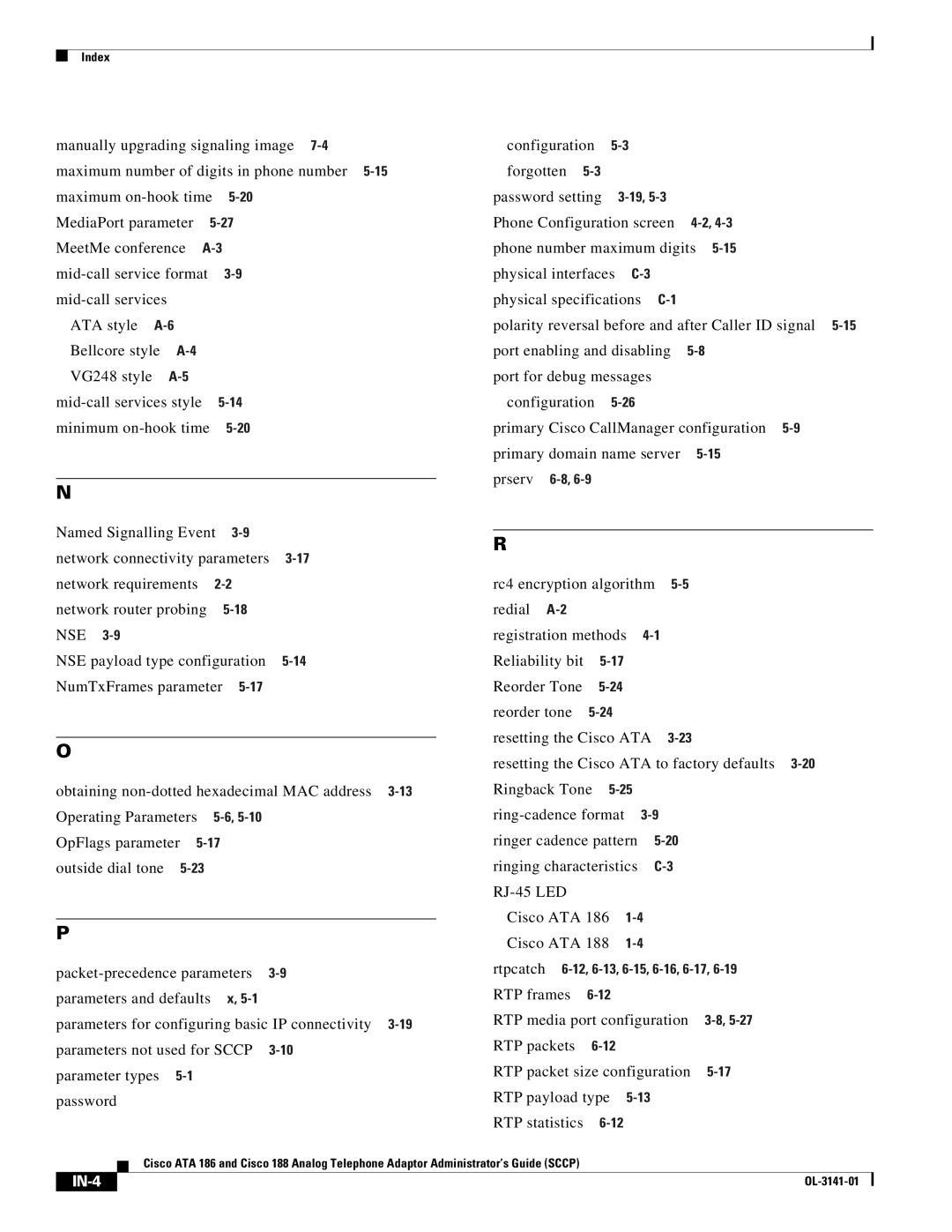 Cisco Systems ATA 186, ATA 188 manual RTP frames RTP media port configuration, IN-4 