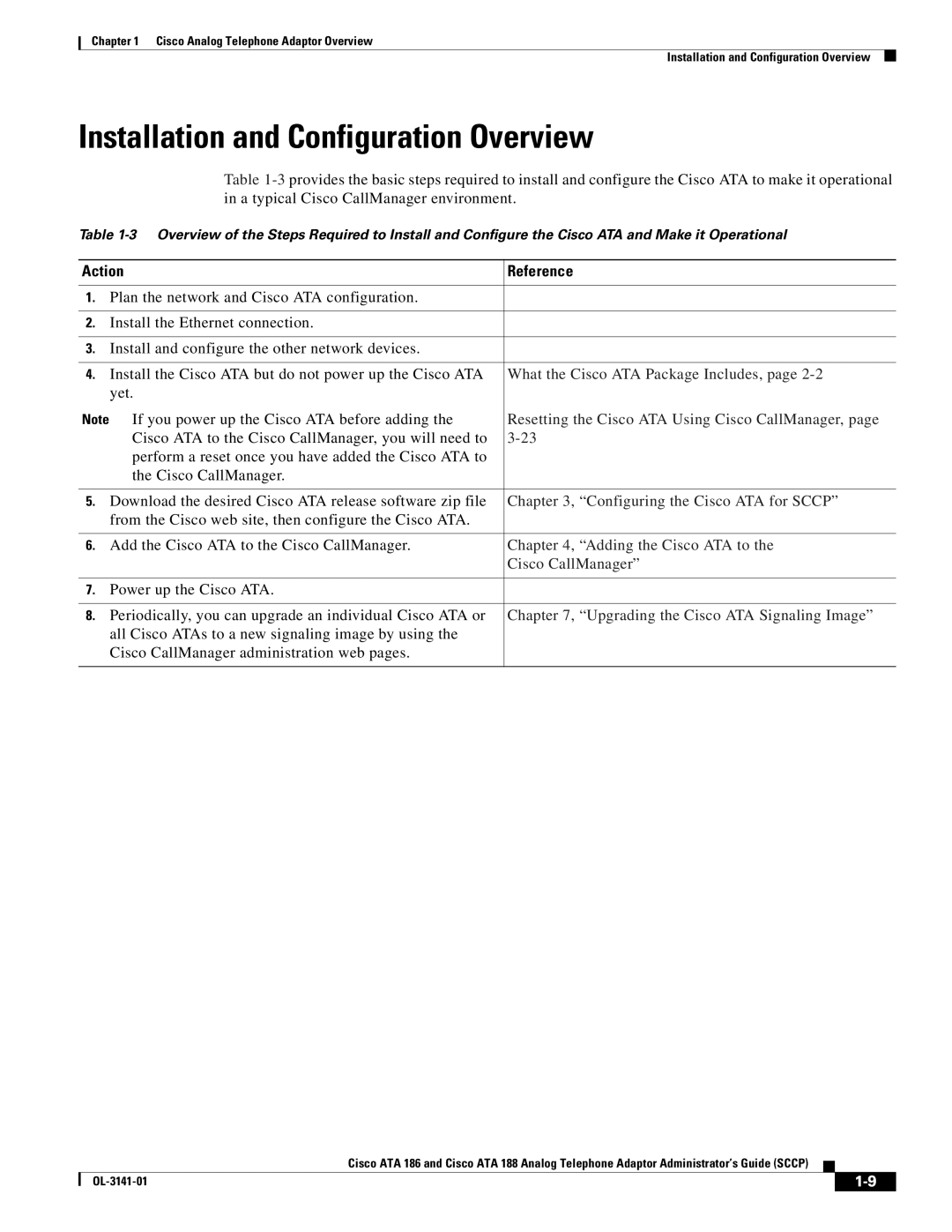 Cisco Systems ATA 188, ATA 186 manual Installation and Configuration Overview, Action Reference 