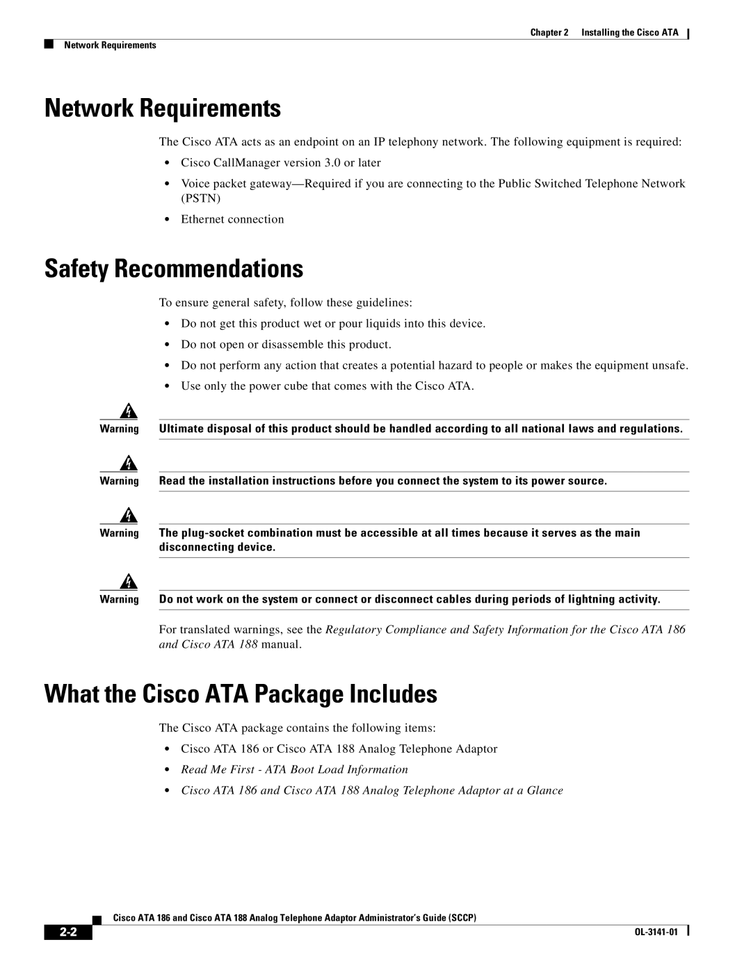 Cisco Systems ATA 186, ATA 188 manual Network Requirements, Safety Recommendations, What the Cisco ATA Package Includes 