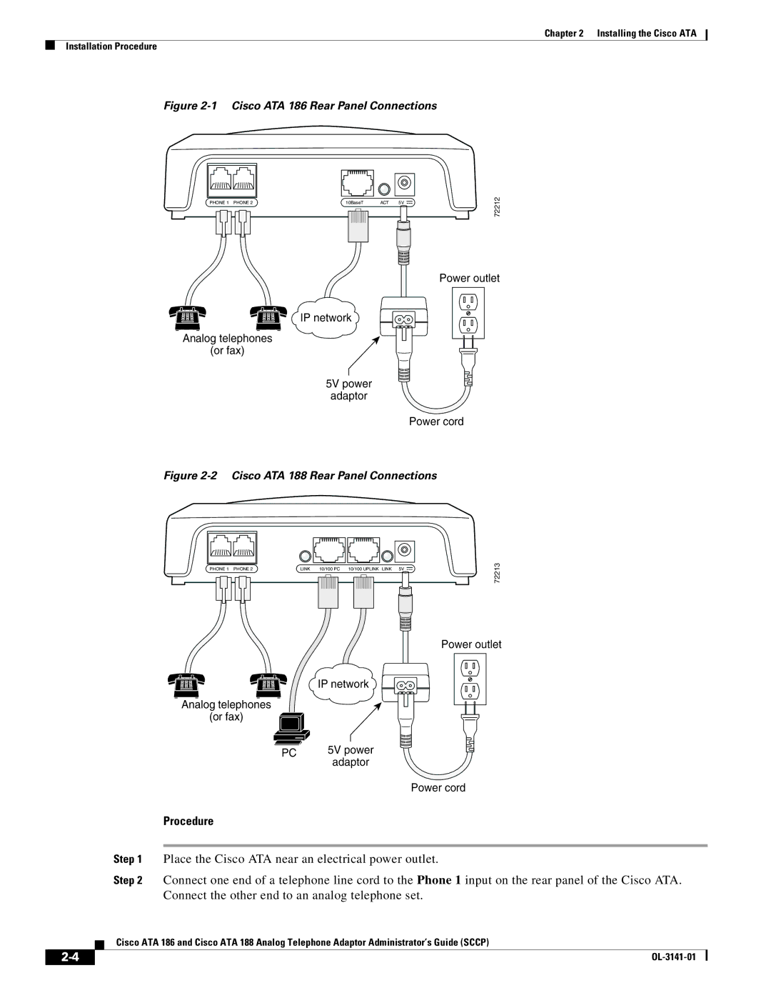 Cisco Systems ATA 188 manual Procedure, Cisco ATA 186 Rear Panel Connections 