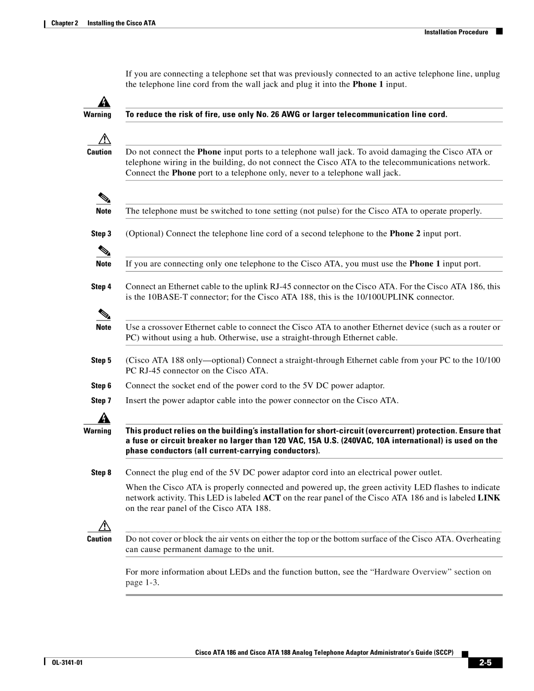 Cisco Systems ATA 188, ATA 186 manual Installing the Cisco ATA Installation Procedure 