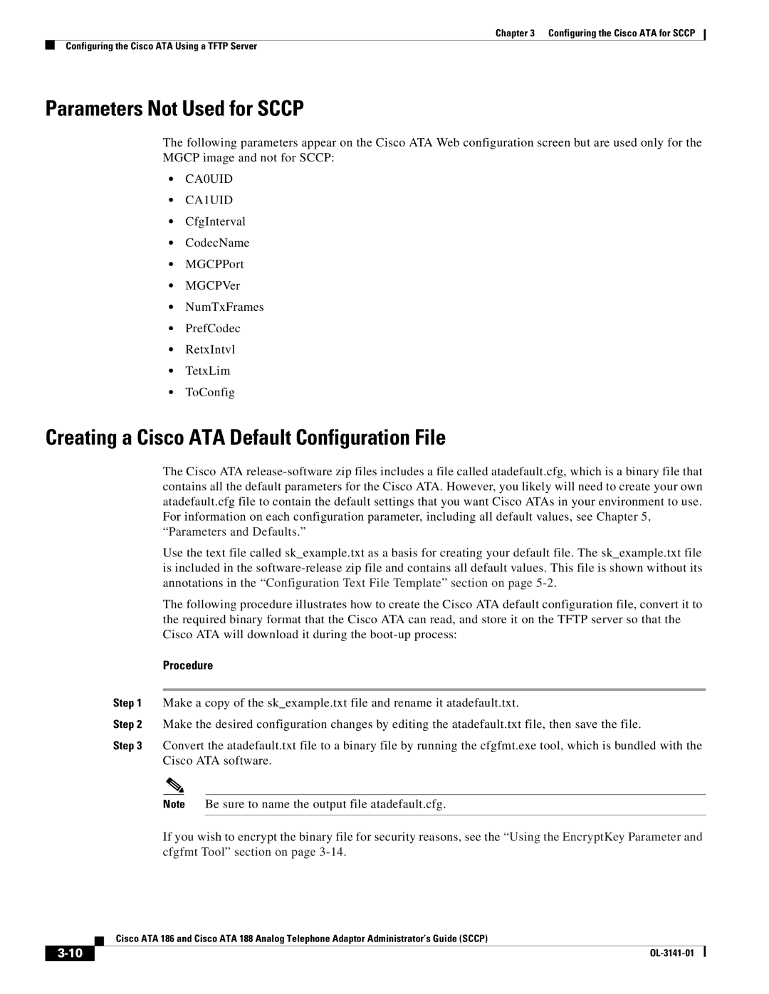 Cisco Systems ATA 186, ATA 188 manual Parameters Not Used for Sccp, Creating a Cisco ATA Default Configuration File 