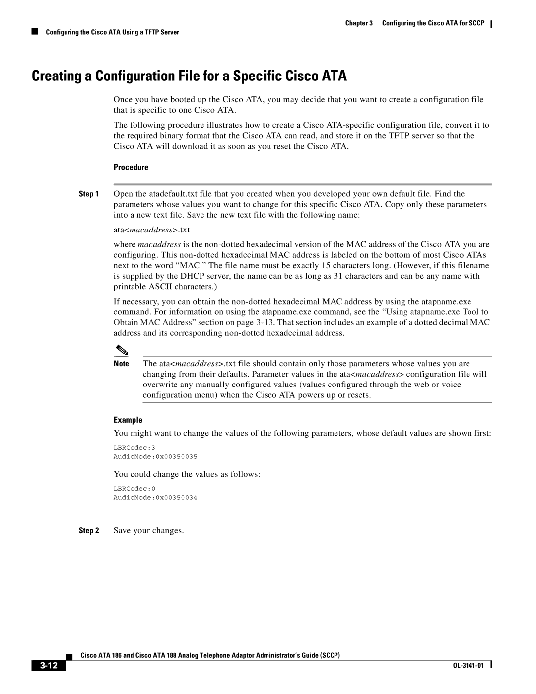 Cisco Systems ATA 186 manual Creating a Configuration File for a Specific Cisco ATA, You could change the values as follows 