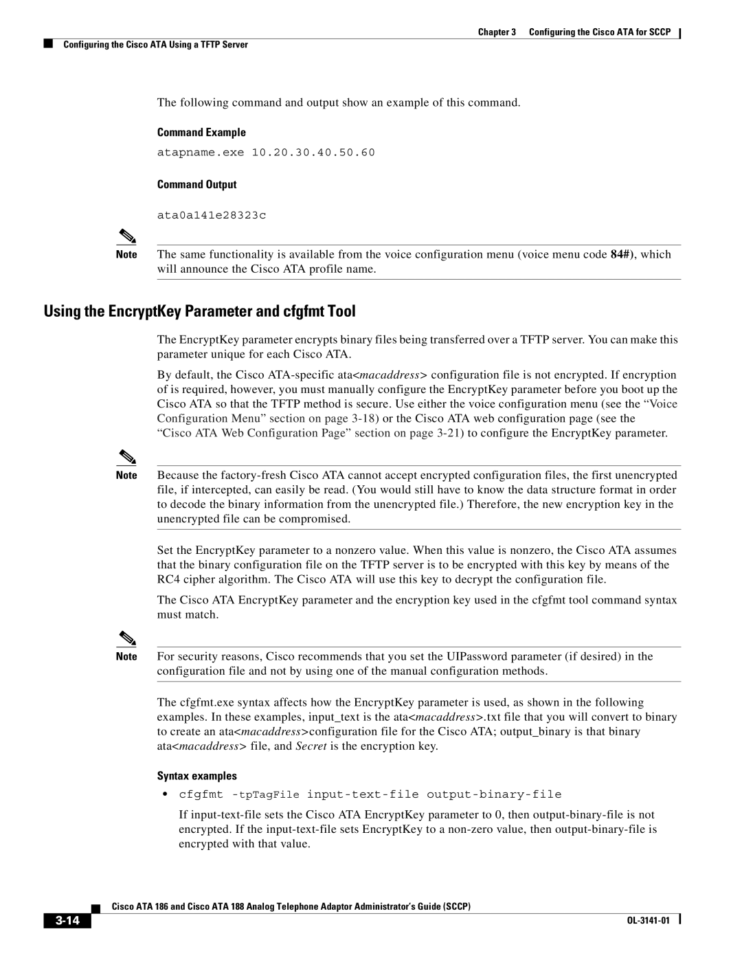 Cisco Systems ATA 186 Using the EncryptKey Parameter and cfgfmt Tool, Command Example, Command Output, Syntax examples 