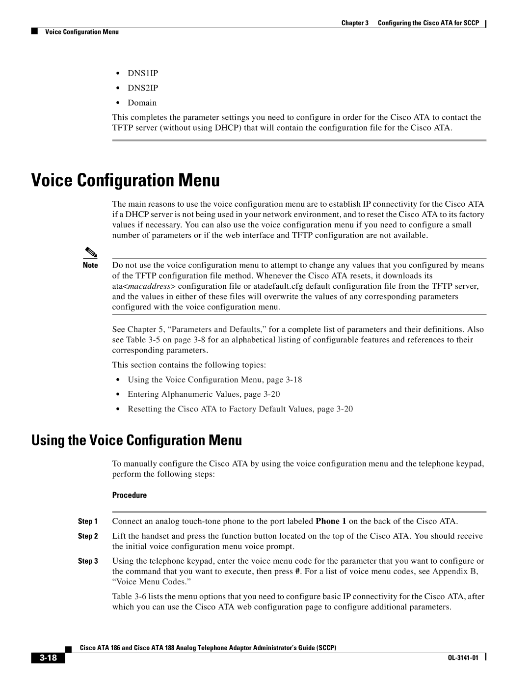 Cisco Systems ATA 186, ATA 188 manual Using the Voice Configuration Menu 