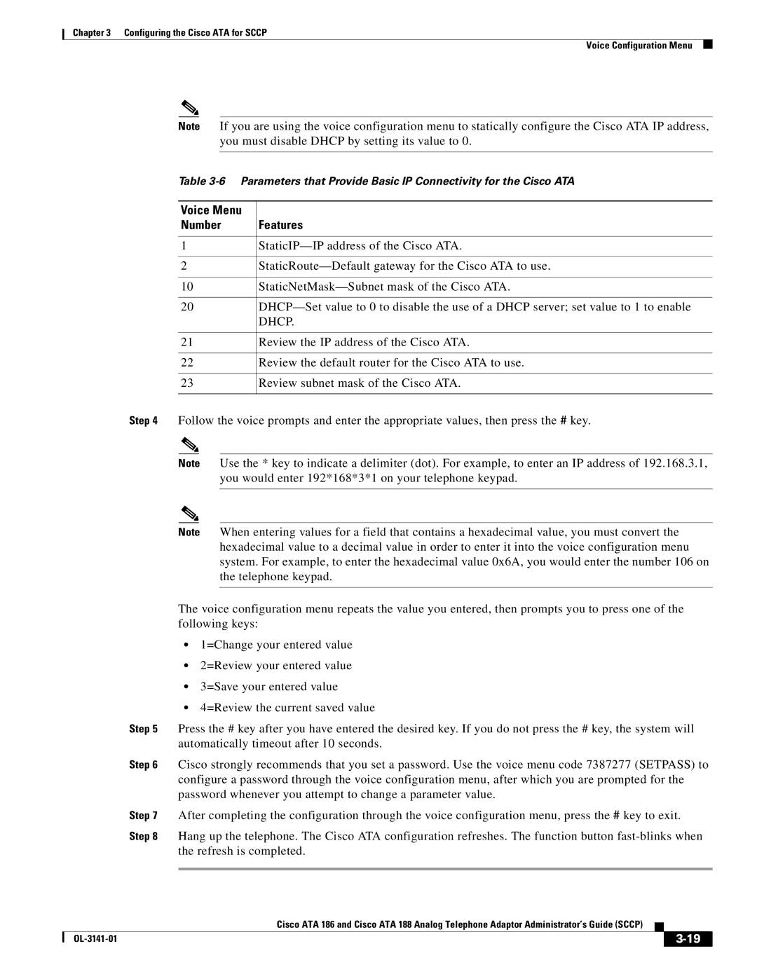 Cisco Systems ATA 188, ATA 186 manual Voice Menu Number Features 