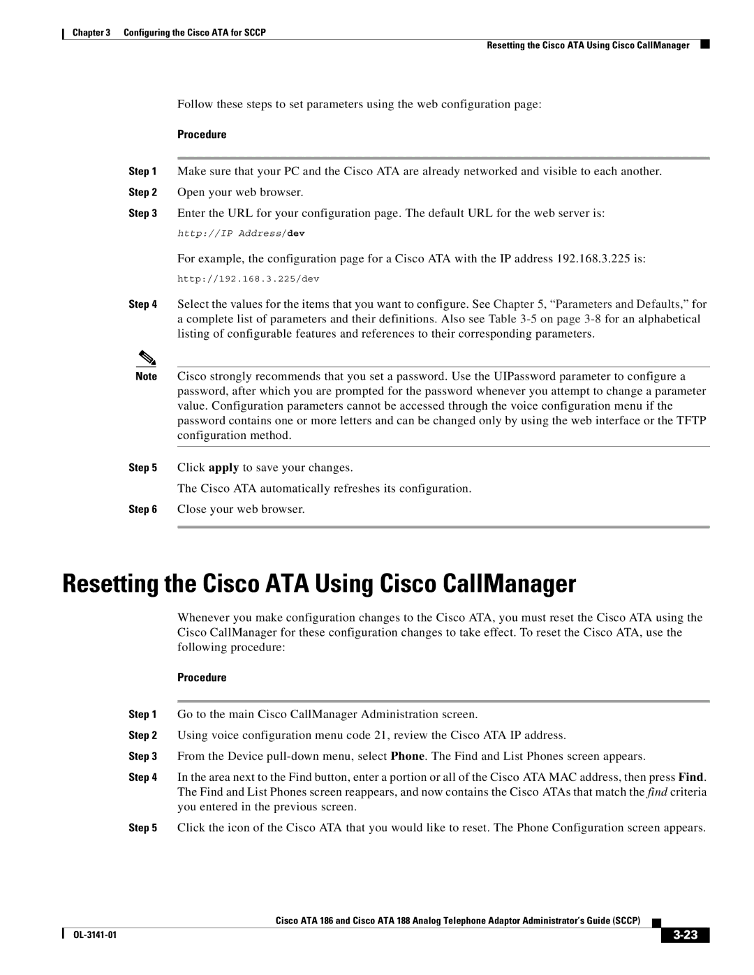 Cisco Systems ATA 188, ATA 186 manual Resetting the Cisco ATA Using Cisco CallManager, Procedure 