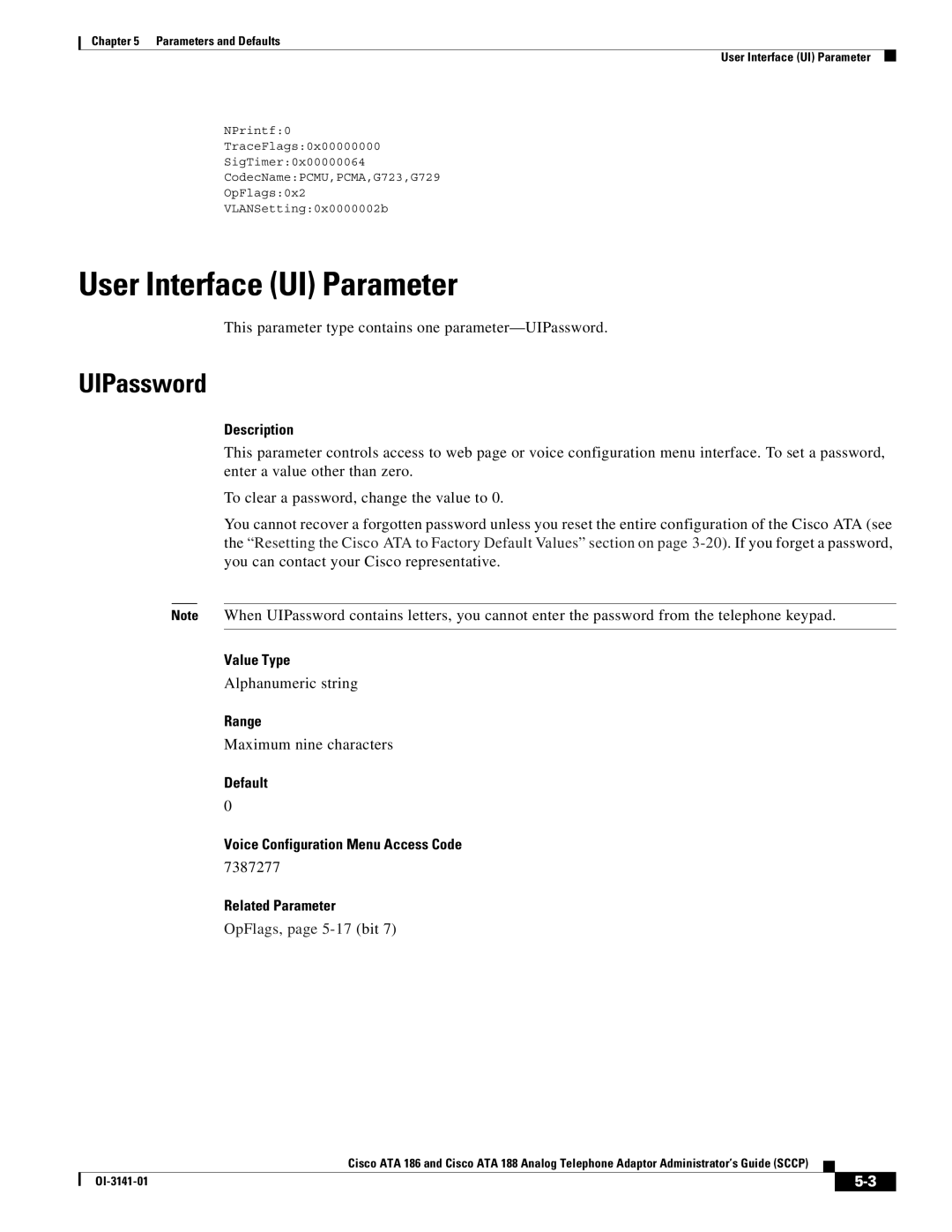 Cisco Systems ATA 188, ATA 186 manual User Interface UI Parameter, UIPassword 