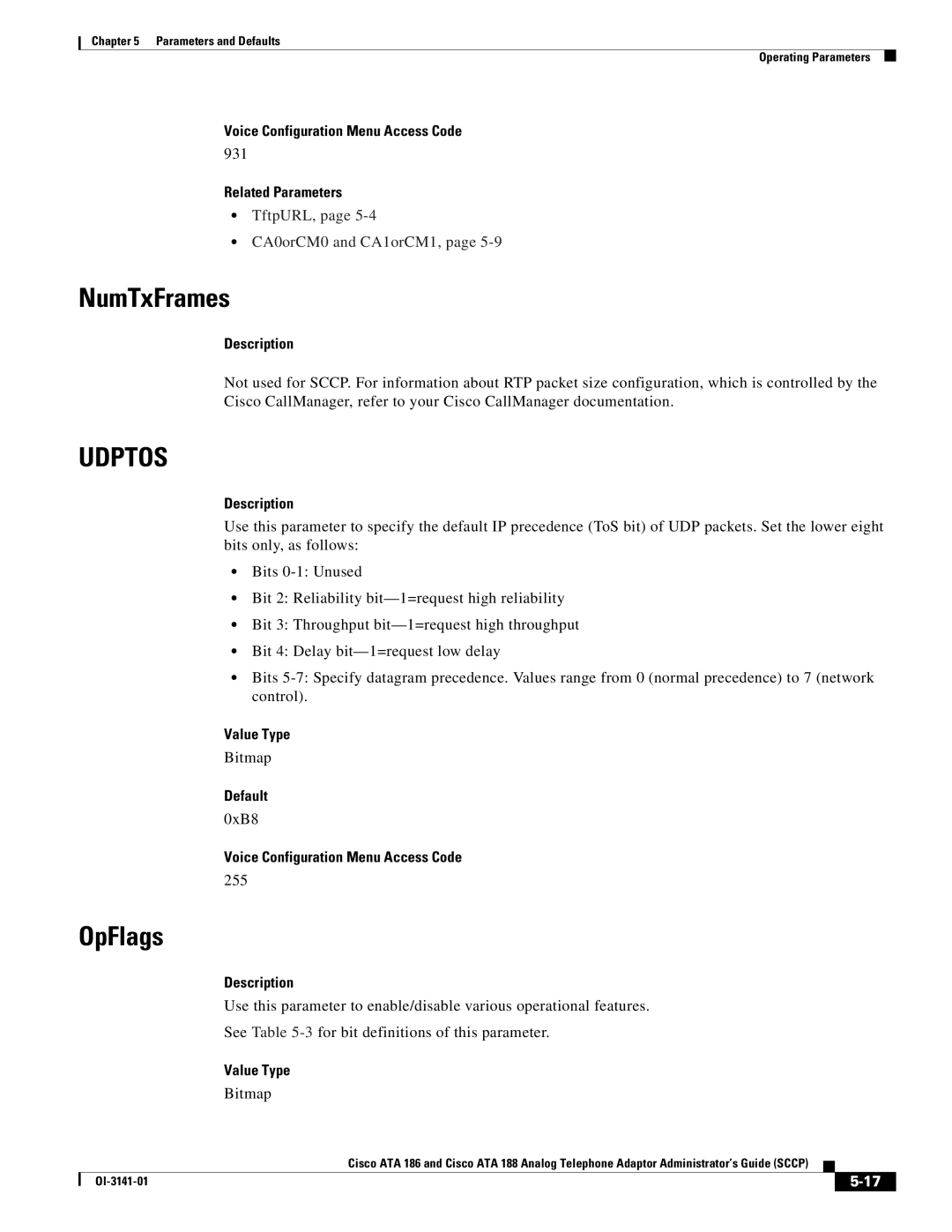 Cisco Systems ATA 188, ATA 186 manual NumTxFrames, OpFlags, TftpURL, CA0orCM0 and CA1orCM1 