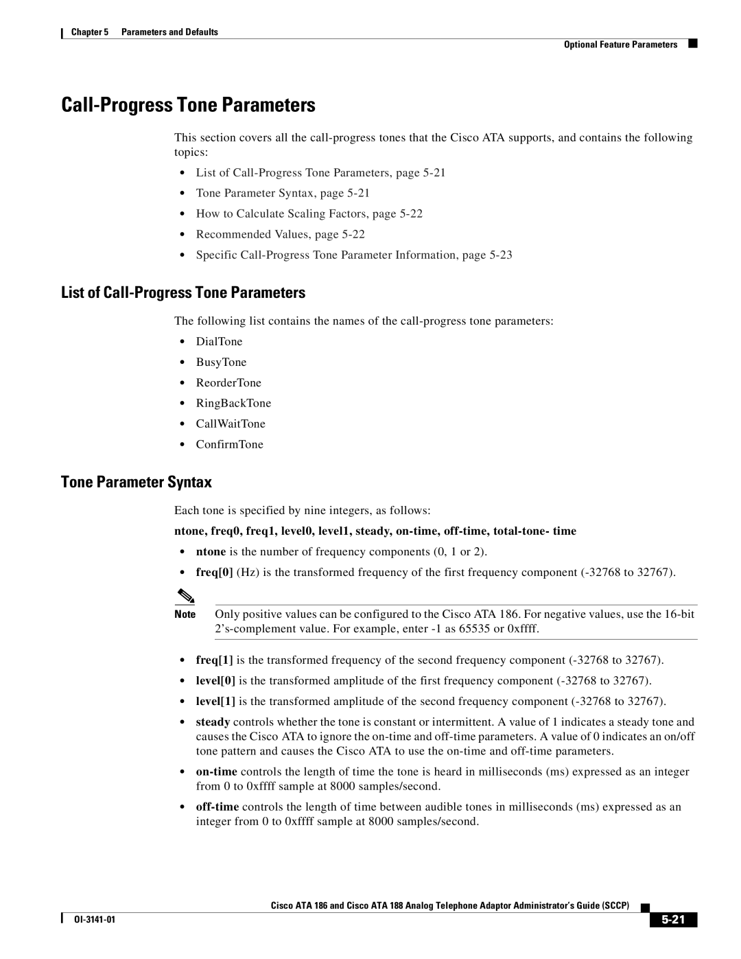 Cisco Systems ATA 188, ATA 186 manual List of Call-Progress Tone Parameters, Tone Parameter Syntax 