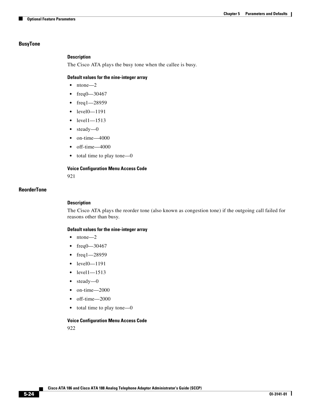 Cisco Systems ATA 186, ATA 188 manual BusyTone, ReorderTone, Cisco ATA plays the busy tone when the callee is busy, 921, 922 