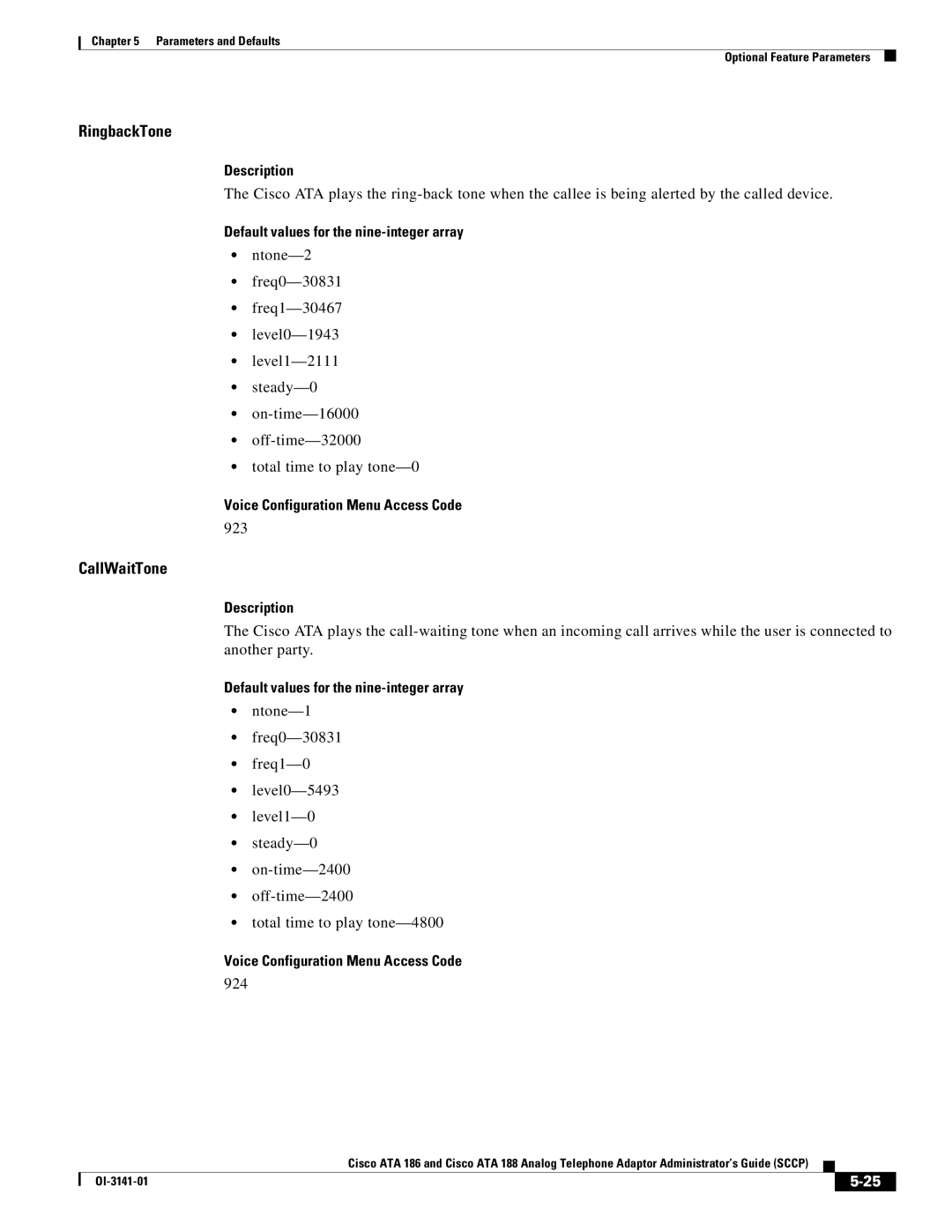 Cisco Systems ATA 188, ATA 186 manual RingbackTone, CallWaitTone, 923, 924 