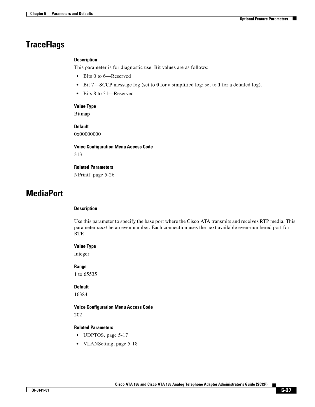 Cisco Systems ATA 188, ATA 186 manual TraceFlags, MediaPort, Range Default, UDPTOS, VLANSetting 