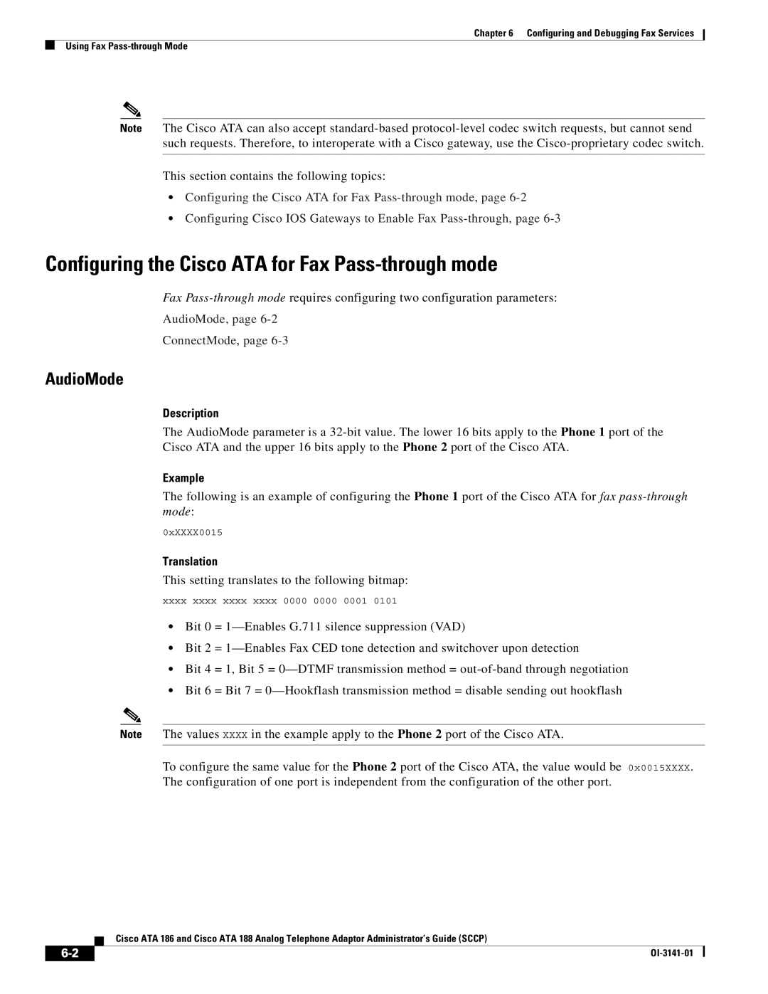 Cisco Systems ATA 186 manual Configuring the Cisco ATA for Fax Pass-through mode, AudioMode, ConnectMode, Translation 