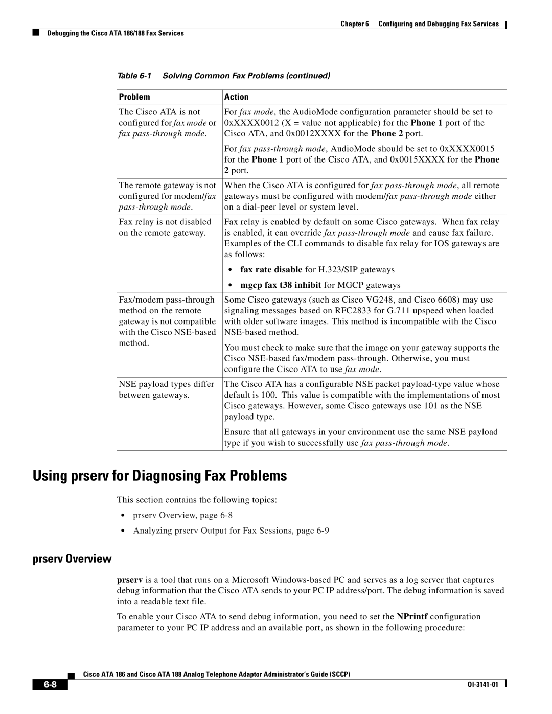 Cisco Systems ATA 186, ATA 188 manual Using prserv for Diagnosing Fax Problems, Prserv Overview 