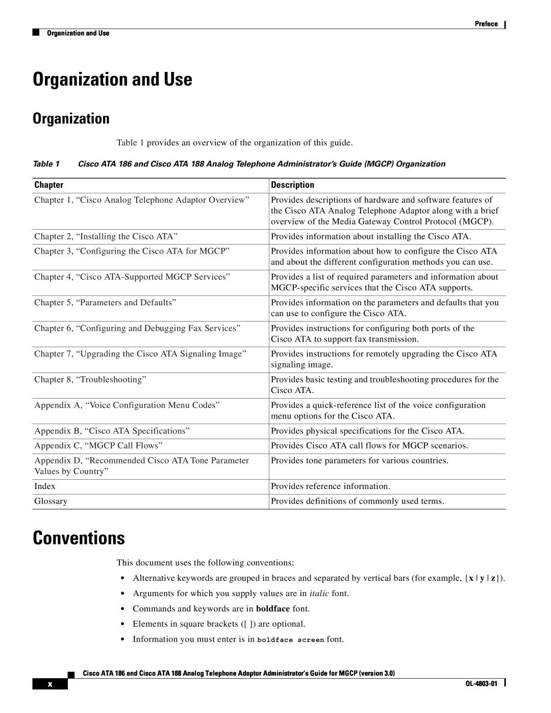 Cisco Systems ATA 186 Organization and Use, Conventions, Chapter, Description, “Cisco Analog Telephone Adaptor Overview” 
