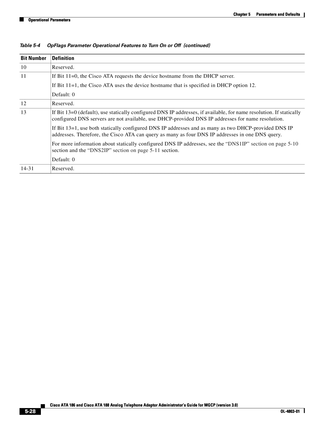 Cisco Systems ATA 186 manual 5-28, Bit Number Definition 