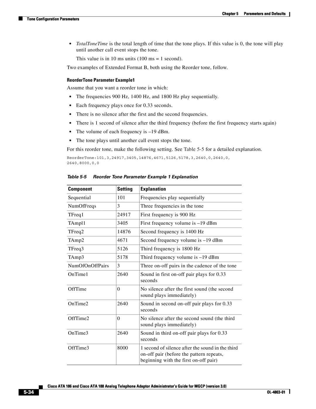 Cisco Systems ATA 186 manual ReorderTone Parameter Example1, Component, Setting, Explanation, 5-34 