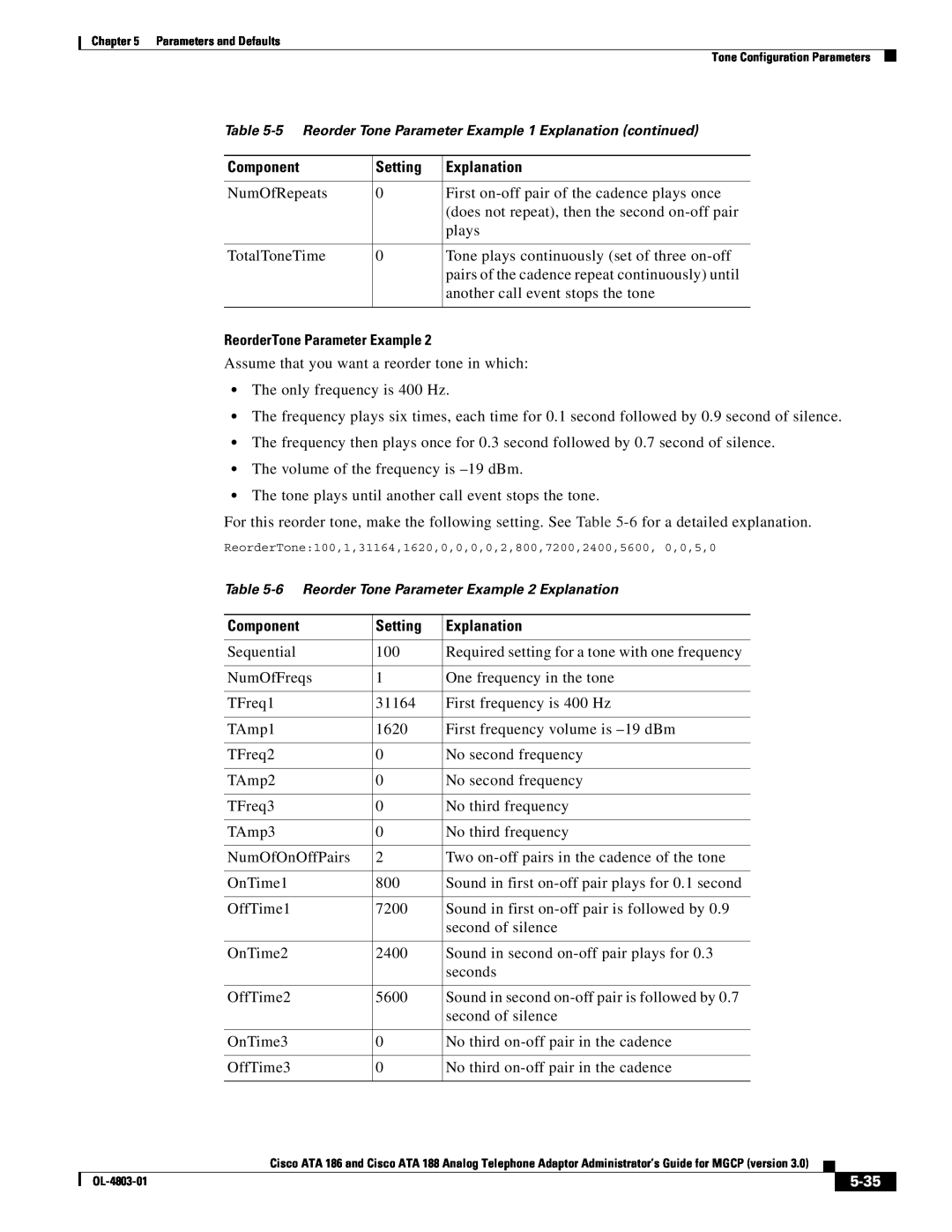 Cisco Systems ATA 186 manual ReorderTone Parameter Example, 5-35, Component, Setting, Explanation 