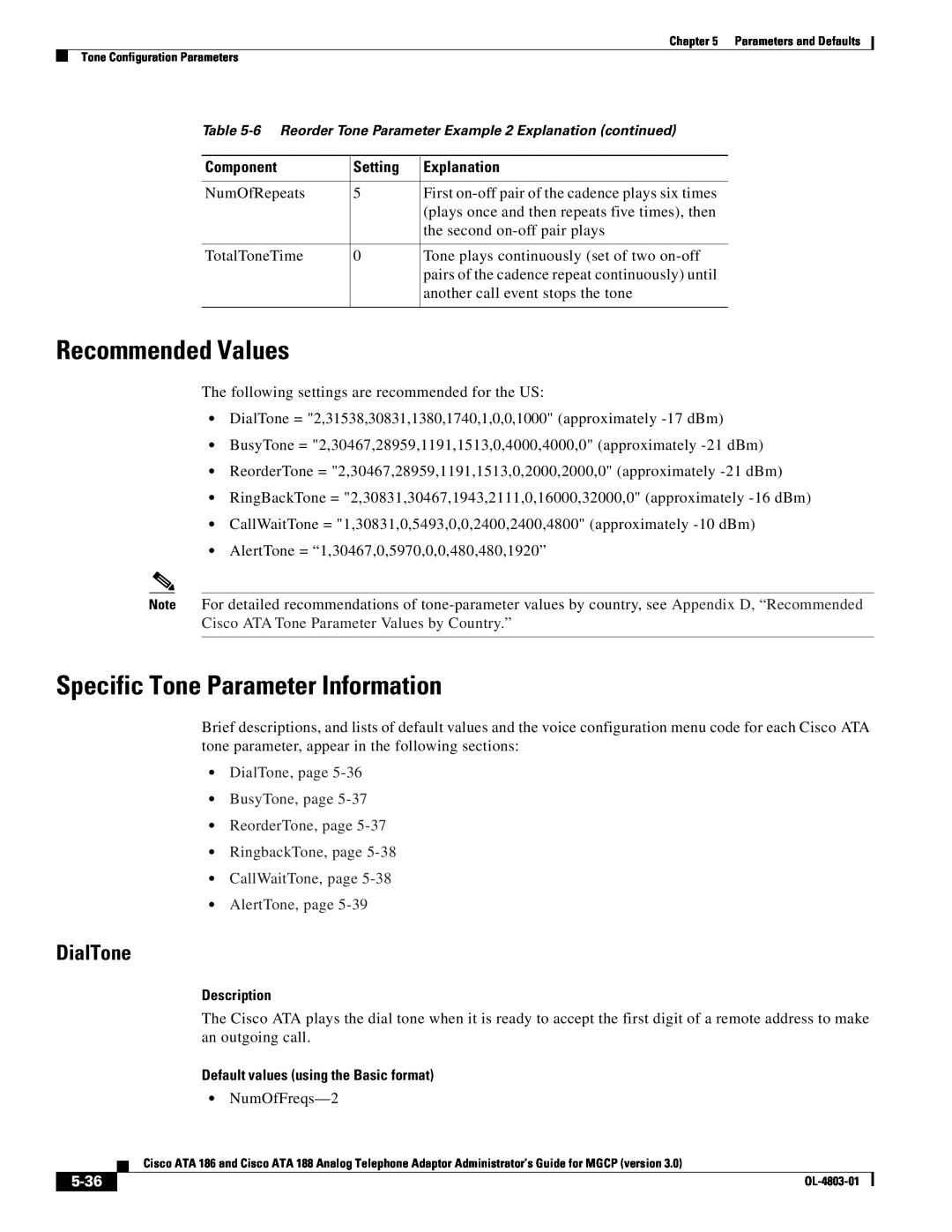 Cisco Systems ATA 186 manual Recommended Values, Specific Tone Parameter Information, DialTone, 5-36, Component, Setting 