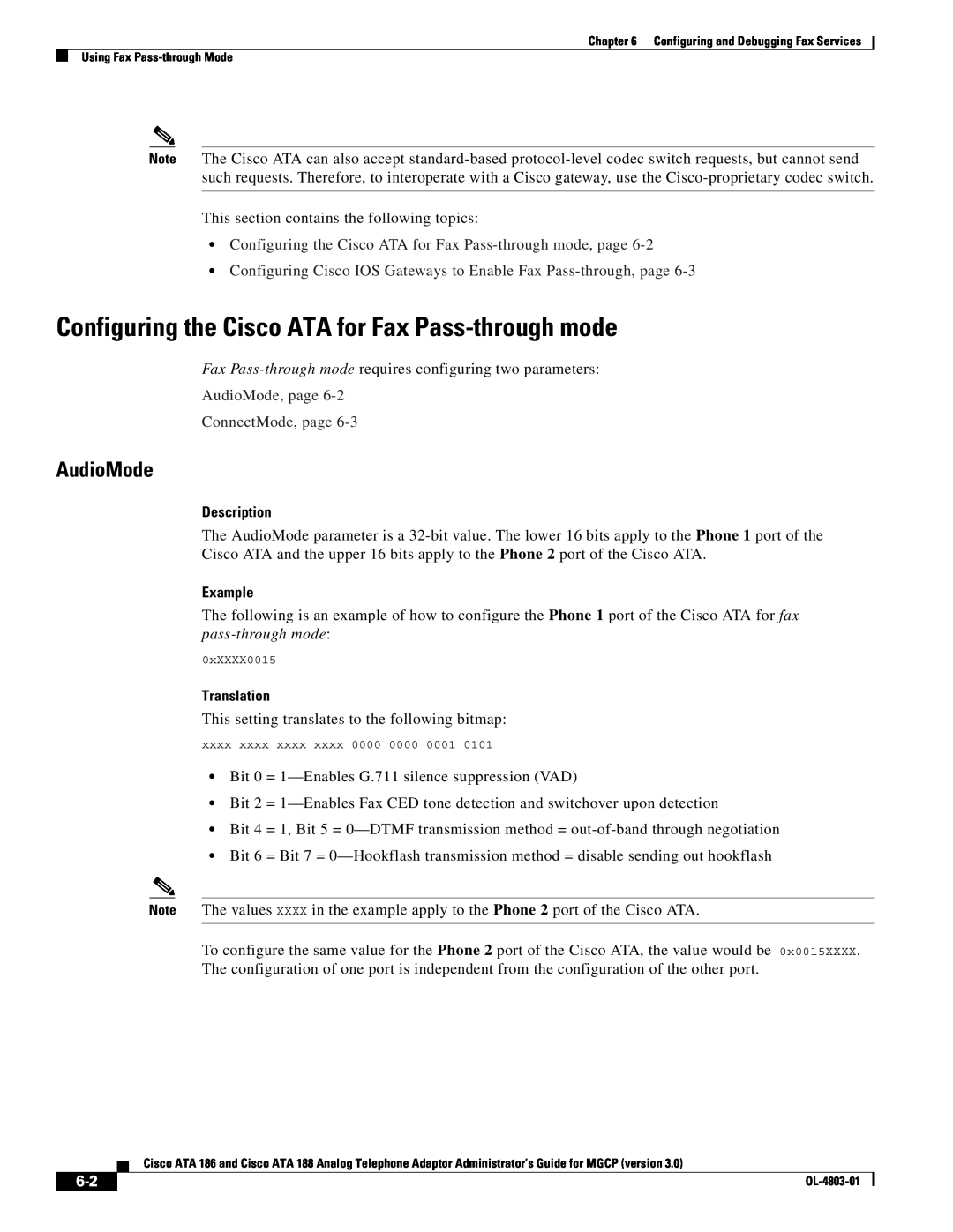 Cisco Systems ATA 186 Configuring the Cisco ATA for Fax Pass-through mode, AudioMode, page ConnectMode, page, Example 