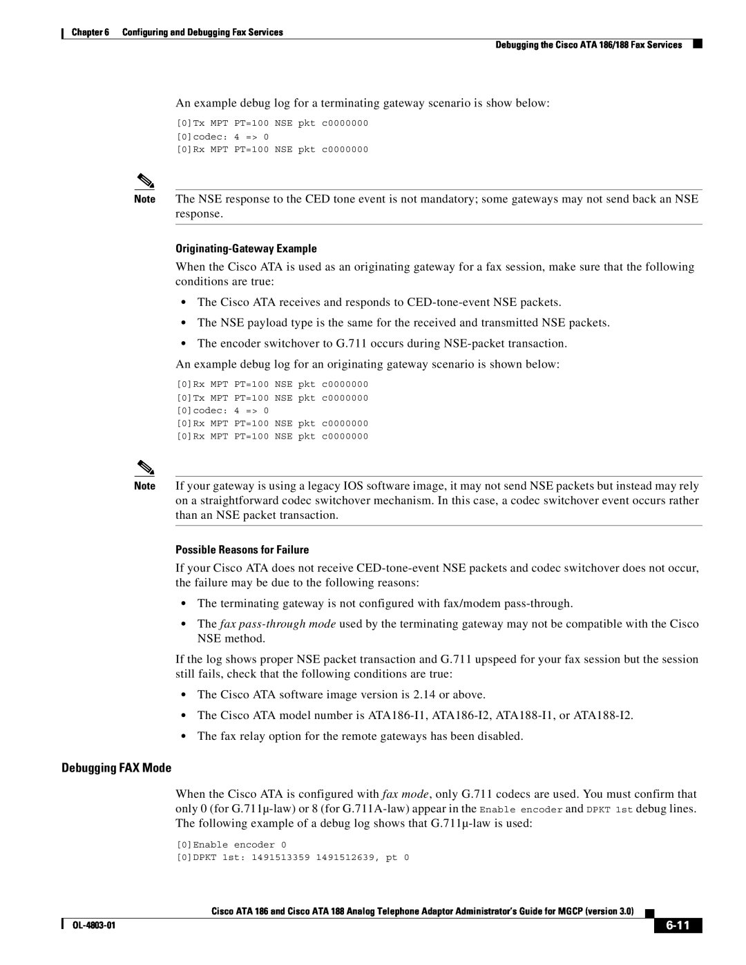 Cisco Systems ATA 186 manual Debugging FAX Mode, Originating-Gateway Example, Possible Reasons for Failure, 6-11 