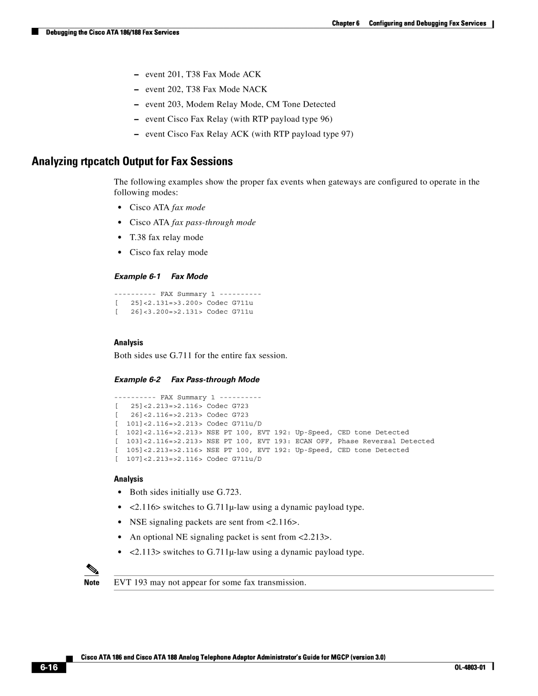 Cisco Systems ATA 186 manual Analyzing rtpcatch Output for Fax Sessions, Cisco ATA fax pass-through mode, Analysis, 6-16 