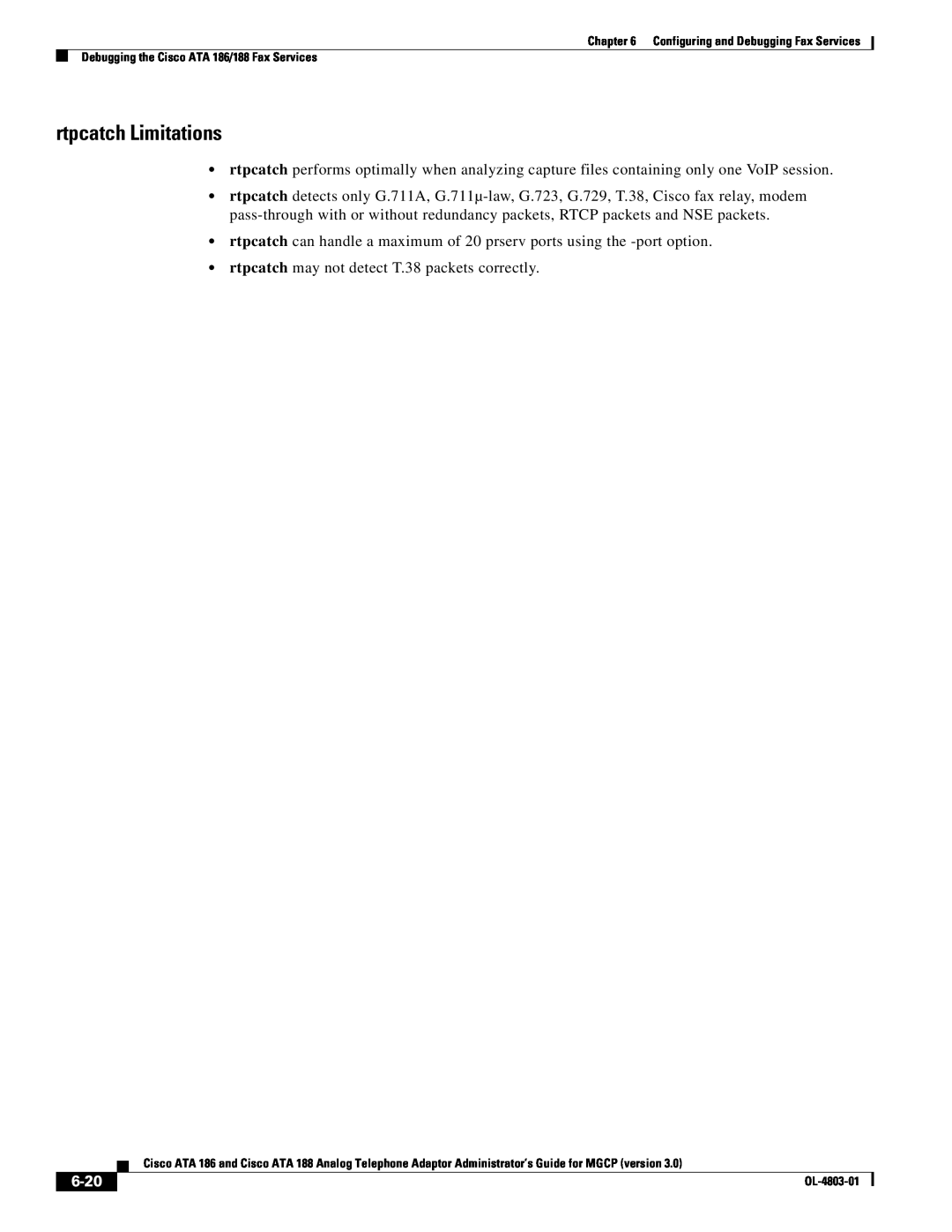 Cisco Systems ATA 186 manual rtpcatch Limitations, 6-20 