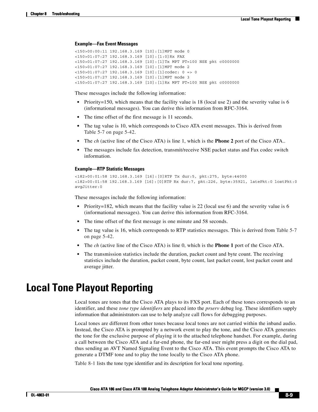 Cisco Systems ATA 186 manual Local Tone Playout Reporting, Example-Fax Event Messages, Example-RTP Statistic Messages 