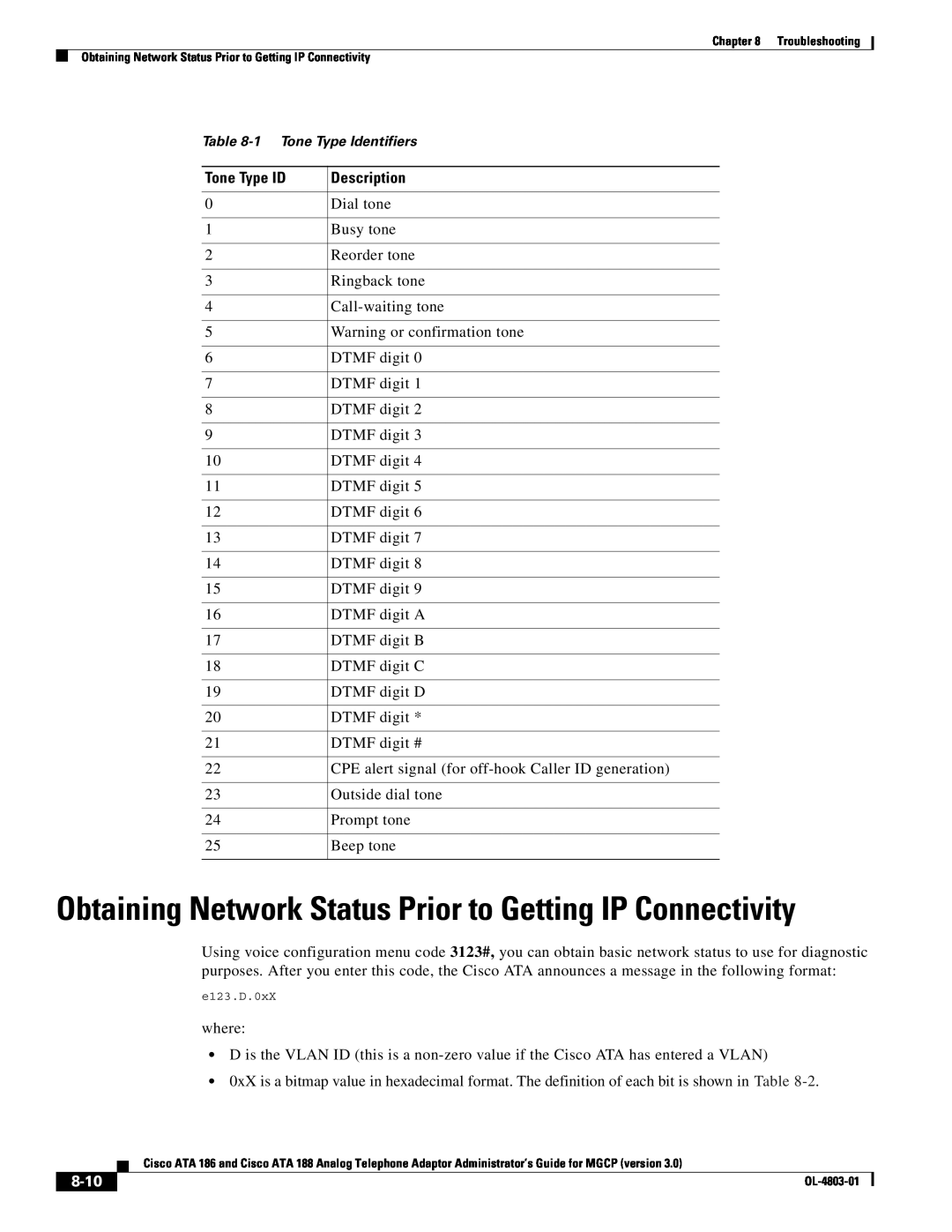 Cisco Systems ATA 186 manual Obtaining Network Status Prior to Getting IP Connectivity, Tone Type ID, 8-10, Description 