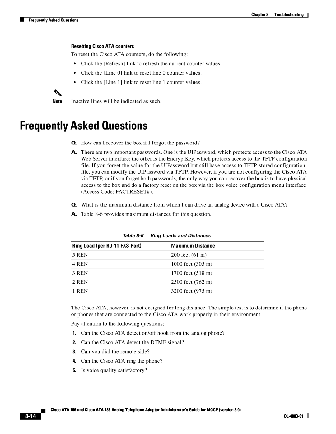 Cisco Systems ATA 186 manual Frequently Asked Questions, Resetting Cisco ATA counters, Ring Load per RJ-11 FXS Port, 8-14 