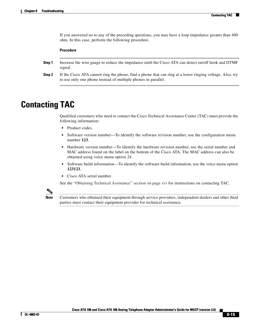 Cisco Systems ATA 186 manual Contacting TAC, 8-15, Procedure 