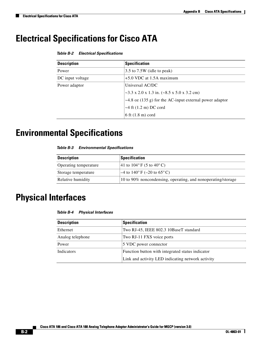 Cisco Systems ATA 186 manual Electrical Specifications for Cisco ATA, Environmental Specifications, Physical Interfaces 
