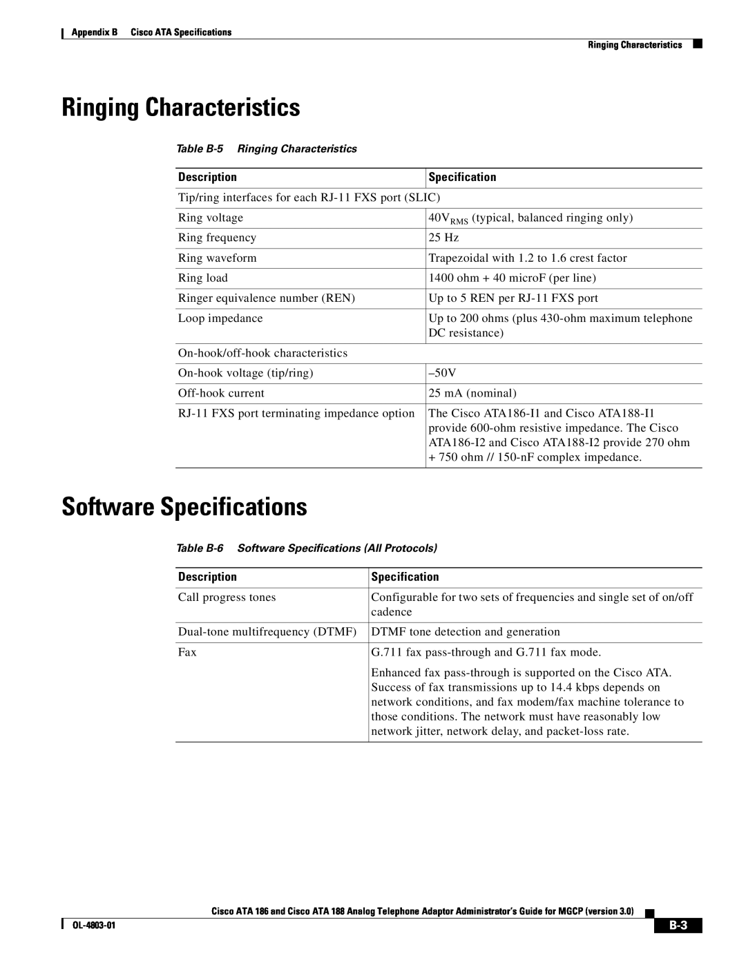 Cisco Systems ATA 186 manual Ringing Characteristics, Software Specifications, Description 